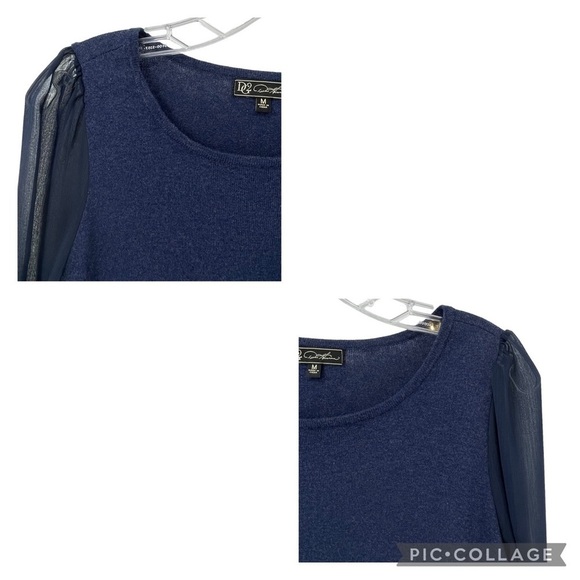 DG2 by Diane Gilman Navy Blue Blouson Chiffon Sleeve Peplum Blouse - Sz M - Picture 6 of 15